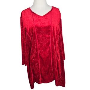 Velour Royalcore Blouse Women Red Embossed Fairy Grunge Renaissance Tunic 14/16W